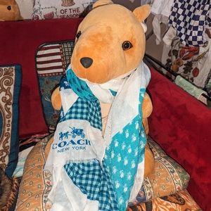 COACH New York Patchwork Oversize Scarf Wrap Shawl Floral Blue White checkers 